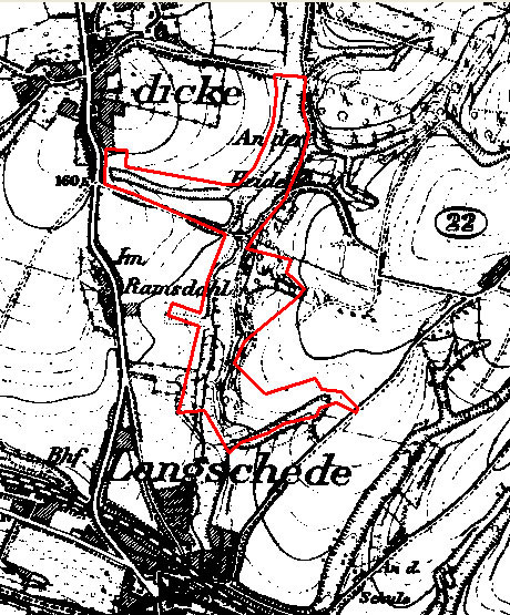 Das Strickherdicker Bachtal 1892 (rot eingezeichnet die heutige NSG-Grenze)