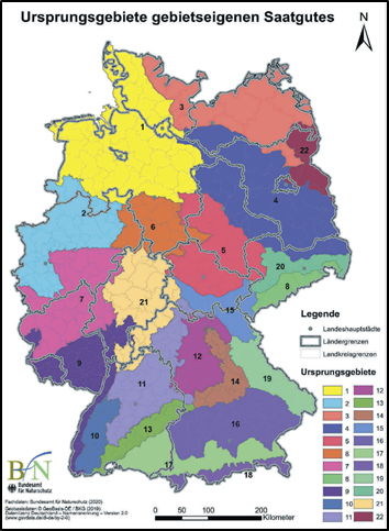 Abbildung 1: Verteilung der 22 Ursprungsgebiete gebietseigenen Saatgutes in der Bundesrepublik Deutschland (BfN 2020).